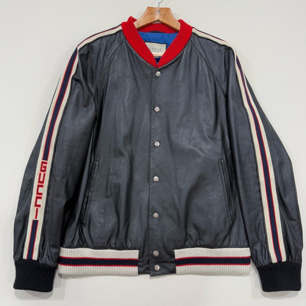 GUCCI HOLLYWOOD Armside Logo Leather Bomber Jacket Black Gucci Size 56